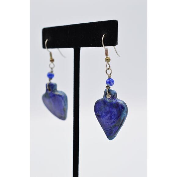 Vintage Heart Earrings Blue Painted Porcelain Dangle Valentine's 1980s Bin8 - Picture 2 of 8